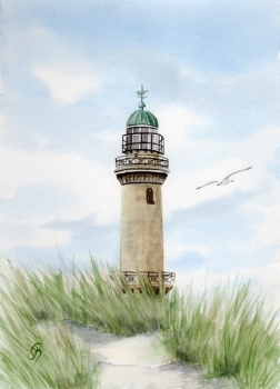 Poster DIN-A3 Aquarell Maritim Kunst Druck Kunstdruck Ostsee Leuchtturm Warnemünde Rostock